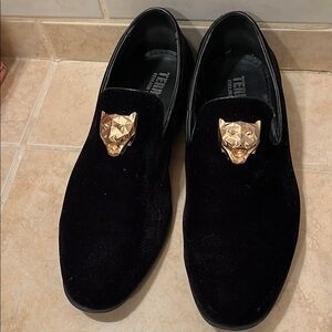 Men's Terroni Black Velvet Loafers with Gold Panther Detail